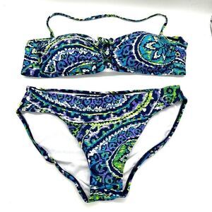 Lauren Ralph Lauren Bandeau Top Bikini Paisley Print Blue Green Periwinkle Size